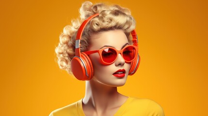 Cool Retro 1950s Woman Listening to Music with Headphones with Copy Space