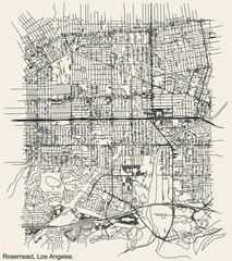 Fototapeta na wymiar Detailed hand-drawn navigational urban street roads map of the CITY OF ROSEMEAD of the American LOS ANGELES CITY COUNCIL, UNITED STATES with vivid road lines and name tag on solid background