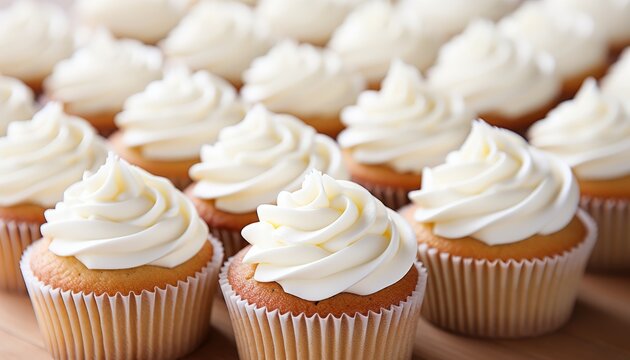 assortment of freshly baked cupcakes with cream cheese frosting and cinnamon sprinkle on white table
