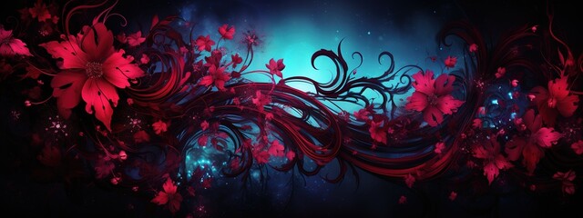 Abstract Floral Background: A Symphony of Red and Blue Flowers in a Mystical Garden