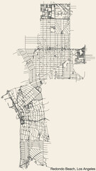 Detailed hand-drawn navigational urban street roads map of the CITY OF REDONDO BEACH of the American LOS ANGELES CITY COUNCIL, UNITED STATES with vivid road lines and name tag on solid background