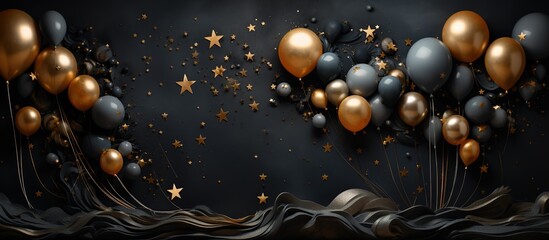 Elegant Black and Gold Party Background with Balloons and Stars - A Luxurious and Festive Design for Celebrations and Events - obrazy, fototapety, plakaty