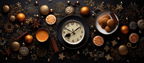 Festive Christmas and New Year’s Eve Flat Lay with Vintage Clock and Decorations, Perfect for Holiday Celebrations and Countdown Parties - obrazy, fototapety, plakaty