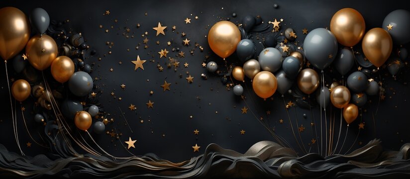 Elegant Black and Gold Party Background with Balloons and Stars - A Luxurious and Festive Design for Celebrations and Events