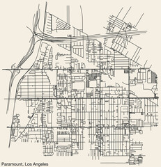 Fototapeta na wymiar Detailed hand-drawn navigational urban street roads map of the CITY OF PARAMOUNT of the American LOS ANGELES CITY COUNCIL, UNITED STATES with vivid road lines and name tag on solid background