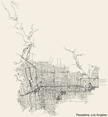 Obraz premium Detailed hand-drawn navigational urban street roads map of the CITY OF PASADENA of the American LOS ANGELES CITY COUNCIL, UNITED STATES with vivid road lines and name tag on solid background
