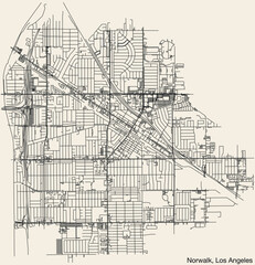 Detailed hand-drawn navigational urban street roads map of the CITY OF NORWALK of the American LOS ANGELES CITY COUNCIL, UNITED STATES with vivid road lines and name tag on solid background