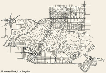 Detailed hand-drawn navigational urban street roads map of the CITY OF MONTEREY PARK of the American LOS ANGELES CITY COUNCIL, UNITED STATES with vivid road lines and name tag on solid background