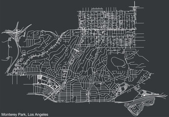 Detailed hand-drawn navigational urban street roads map of the CITY OF MONTEREY PARK of the American LOS ANGELES CITY COUNCIL, UNITED STATES with vivid road lines and name tag on solid background - obrazy, fototapety, plakaty