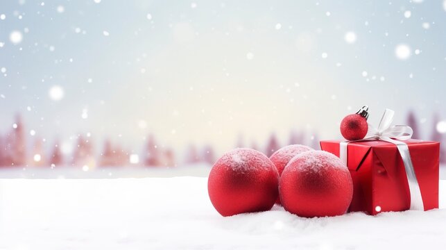 Panoramic image of gift box and red christmas balls on snow, copy space and generative ai
