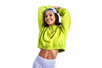 Woman, fashion and street style with makeup, cool and posing on isolated transparent png background. Fashionable, crop jacket and trend clothes, casual or styling with confidence, edgy and beautiful