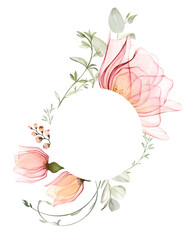 Watercolor floral banner with round place for text. Bouquet with big pink roses and eucalyptus leaves. Thank you card template. Isolated hand drawn abstract illustration