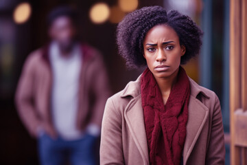 African woman feeling sad and disappointed, her husband is behind