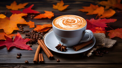 Autumn background with pumpkin spice coffee. Generative AI.