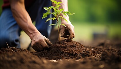 Passionate gardener planting vibrant tree, caring for garden with precision and dedication - obrazy, fototapety, plakaty