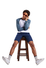 Stool, portrait and black man with fashion, sunglasses and confident guy isolated on a transparent...