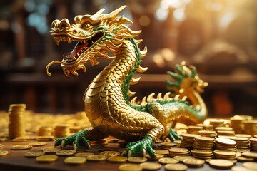 A figurine of a Chinese green dragon standing on a wooden table holding a gold coin in its mouth and lying on top of the gold coins, generated ai