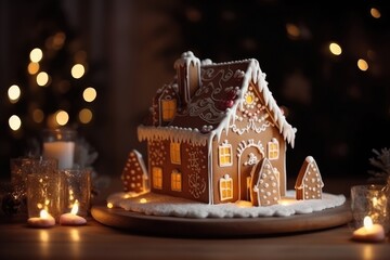 Fototapeta na wymiar Gingerbread house Christmas Hut on wood table with xmas winter fairy lights frosting icing deco, bokeh macro, captivating, baked homemade cookie cottage, Brown sweet candy home with white sugar snow