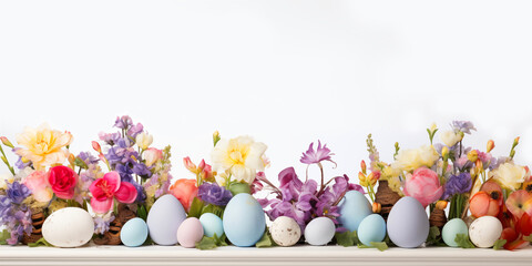 Obraz na płótnie Canvas Colorful Easter eggs with beautiful spring flowers on a white background. A festive banner with a place for text.