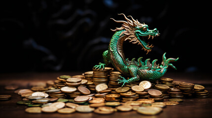 A figurine of a Chinese green dragon standing on a wooden table holding a gold coin in its mouth and lying on top of the gold coins, generated ai