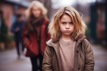 Blonde girl feeling sad in trouble, her mother as background behind