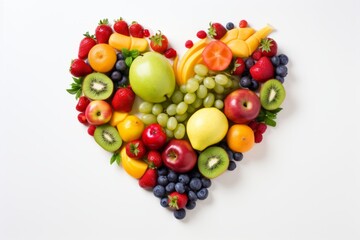 Naklejka na ściany i meble Assorted fruit and vegetable heart isolated on white background, top view perspective