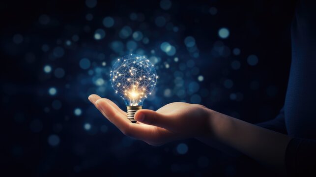 Hand with light bulb and glowing particles for inspiration and business new idea concept background. Generative AI