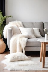 Cozy cute sofa with white furry sheepskin fluffy throw and pillows against wall with copy space. Hygge, scandinavian home interior design of modern living room. - obrazy, fototapety, plakaty