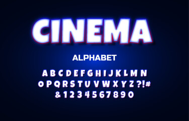 Cinema font alphabet text effect template, 3d cartoon blue neon style typography, premium vector