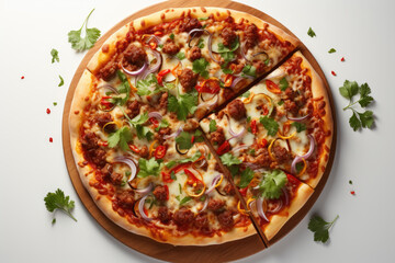 Top view of a Sausage and Peppers Pizza on a light background. Generative AI.