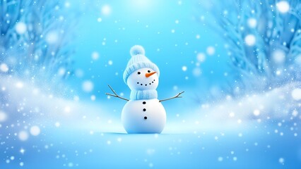 Funny snowman on Christmas holiday winter background Merry Christmas and Happy Holidays wishes, banner background 