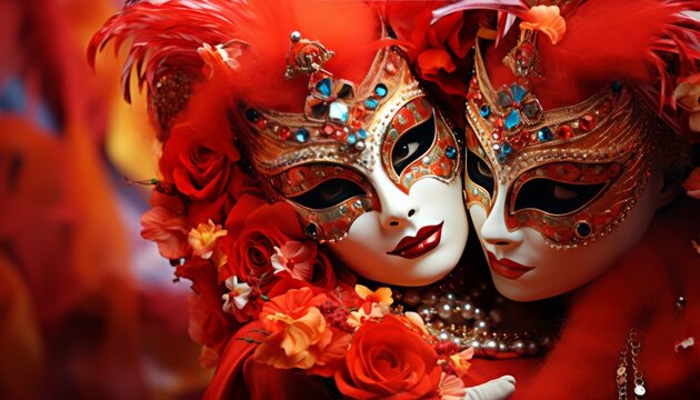Vibrant venetian carnival masquerade ball with ornate masks  colorful costumes in a bright photo