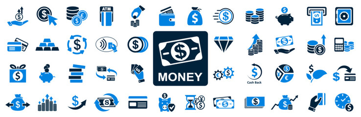 Money capital set icons. Set of coins, dollar, banking credit card payment, currency exchange, cashback, wallet, money service, capital increase, savings accumulation, dollar rate increase
