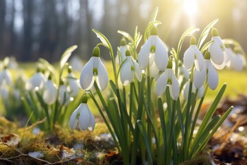 A bunch of snowdrops in the grass. This image can be used to depict the arrival of spring or the beauty of nature in a garden setting