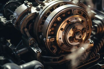 A detailed close-up view of a motorcycle engine. 