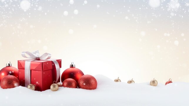 Panoramic image of gift box and red christmas balls on snow, copy space and generative ai