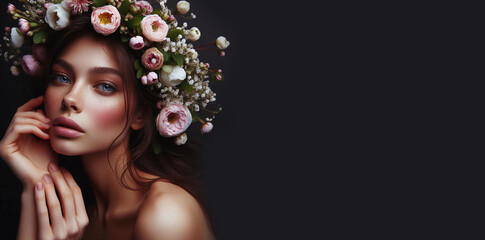 Beautiful  attractive brunette with flowers on his head. Fashion beautiful makeup, clean skin, facial care. Portrait of young beautiful woman with perfect skin. Generative AI.