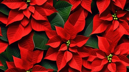 Poinsettia flowers Christmas seamless pattern. Floral branches and berries, mistletoe, Christmas florals repeating tile background for wrapping paper, fabric, textile, print, wallpaper..