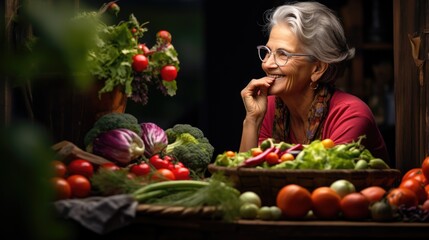 Woman surrounded by various vegetables background. Veganuary, Healthy organic food, harvest, Diet concept. Portrait of happy lady and variety fresh raw different vegetables. .