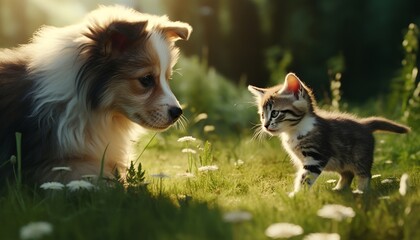 Naklejka na ściany i meble Kitten and dog playing on lawn in bright summer day with blurred background and copy space