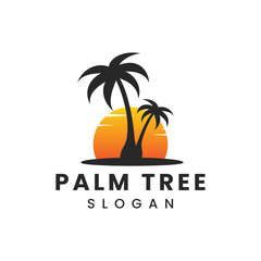 Obraz premium Palm tree logo. Sea Beach logo design. Tropical palm trees island with Sunset, vector illustration