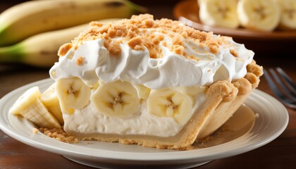 Delectable slice of homemade banana cream pie on a captivating rustic wooden background