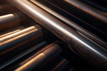 A collection of metal pipes lined up together. Versatile image suitable for industrial, construction, or plumbing concepts
