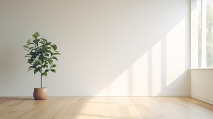 Empty bright room with window and plants in pots.