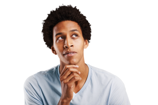 Face, question and problem solving with a young black man isolated on a transparent background. Thinking, vision and idea with a confident person on PNG while looking to the future for planning