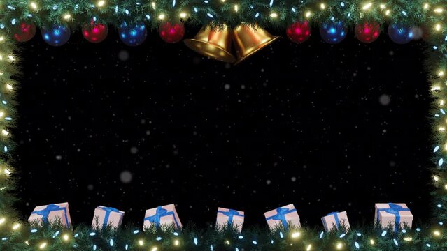 A frame overlay featuring pine branches and blinking Christmas lights and balls with falling snowflakes on alpha in a seamless loop.