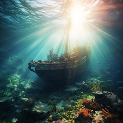 Sunken old wooden ship underwater, pirate ship shipwreck at sea - obrazy, fototapety, plakaty