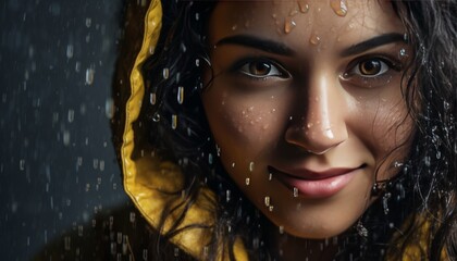 Stylish woman with yellow umbrella in rain, ideal for copy space and creative messages - obrazy, fototapety, plakaty