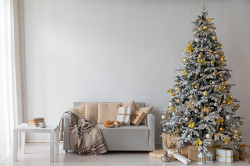 christmas tree with gifts in interior without people new year