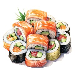 Assorted Watercolor Sushi Rolls Collection - Japanese Cuisine Art